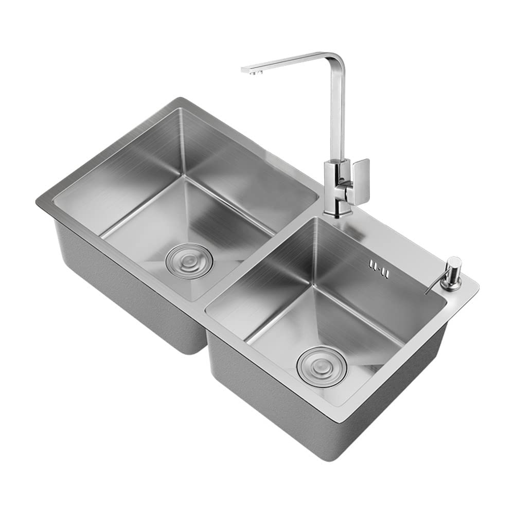 Doppia Ciotola Lavello da Cucina, Lavandino Vegetale Topmount/Dropin Addensato in Finitura in Acciaio Inossidabile Spazzolato con Rubinetto, Cesto Di Scarico, Distributore Di Sapone , ATAAY , Silverc