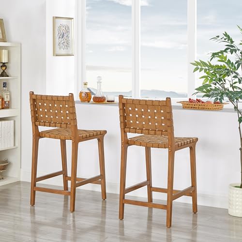 Butaco moderno de cuero sintético tejido y estructura de madera, altura de asiento 24 pulgadas, color marrón miniatura 5