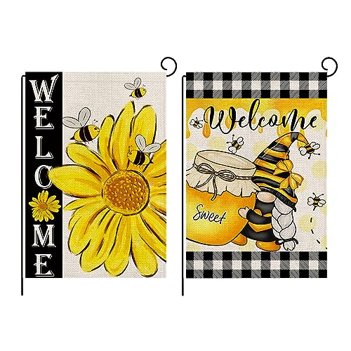 Wolftop Garden Flags Set of 2 Double Sided 12 x 18 Inch Yard Lawn Flags - Sunflower Welcome Garden Decorative Flags for Home Garden Outdoor Decorations - Weather Resistant & Thick Fabric