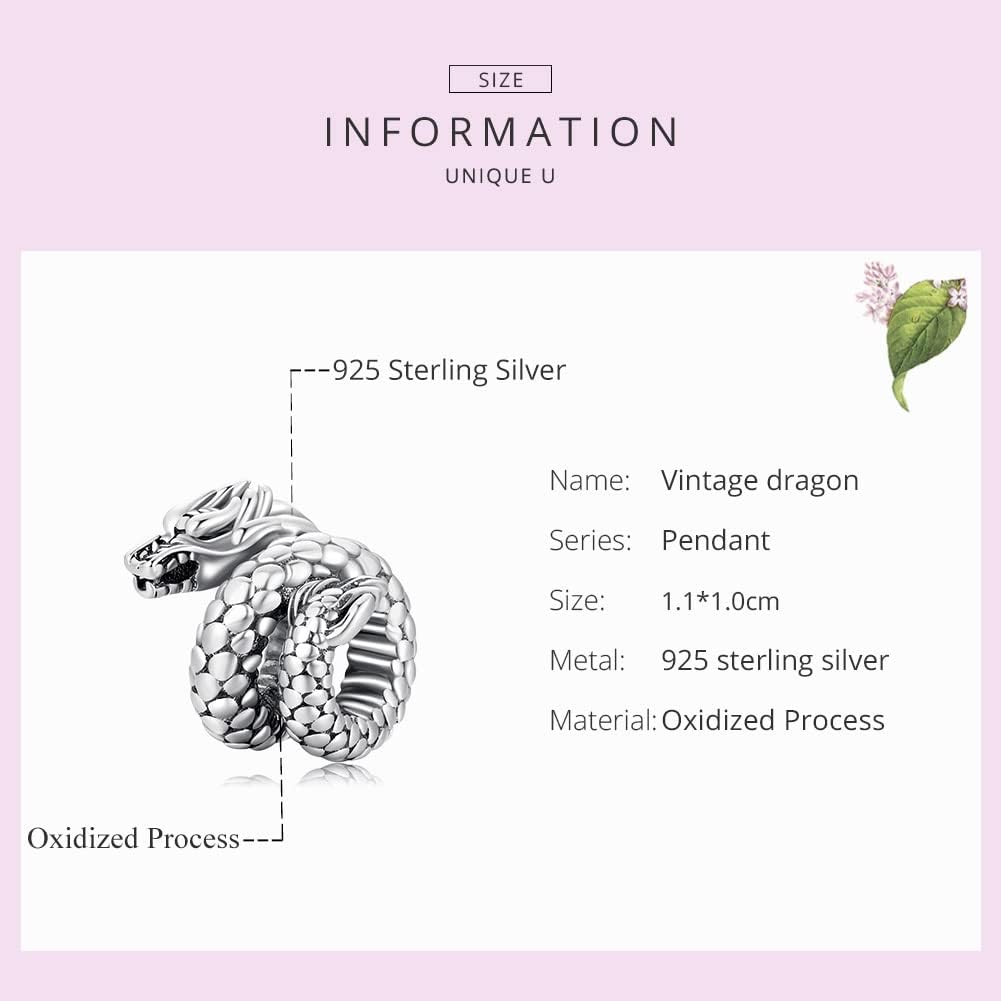Vintage Dragon Charm 925 Sterling Silver Charm Fits For Pandora Bracelet Necklace