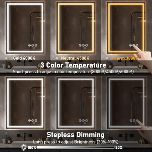 Simusi 600X800MM LED Bathroom Mirror with Lights– Illuminated Bathroom Vanity Mirror with LED Lights, Anti-Fog Wall-Mounted Light up for Makeup, Dimmable 3-Color Lighting, IP44, Tempered Glass - Image 4