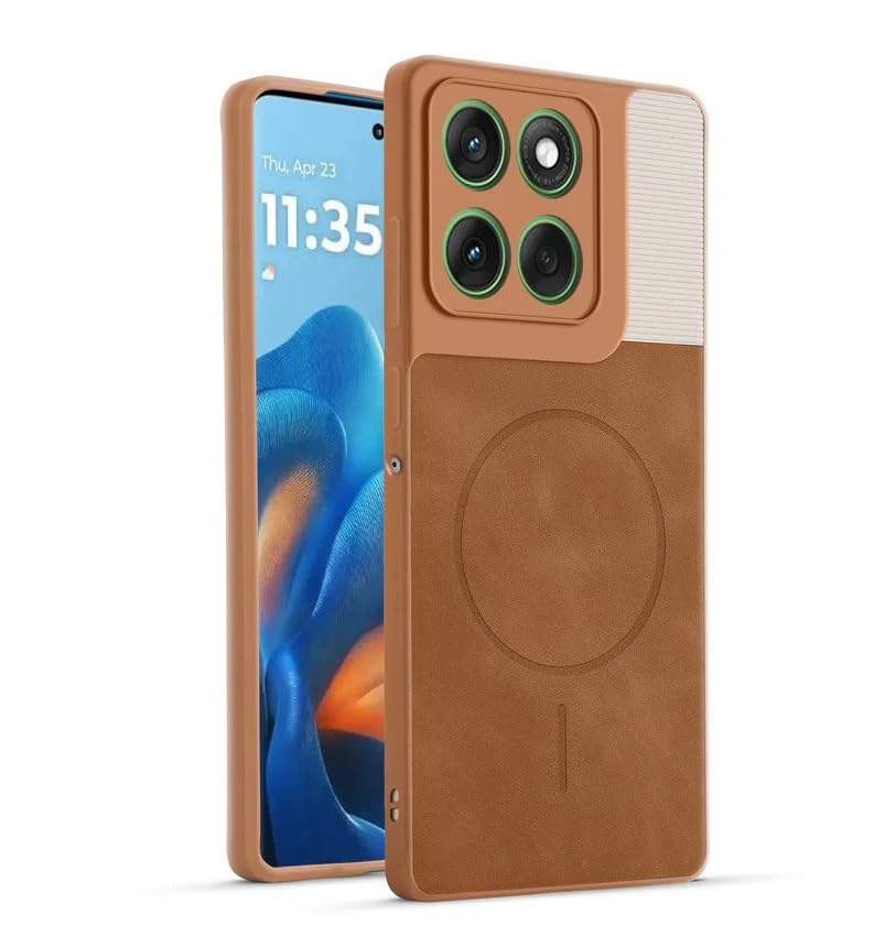 Image of Bintage CASE Mac Safe Design Hard Light Weight Back Case | Soft Border Camera Protect | Dual PU Leather Finish Back Cover Compatible for Motorola Edge 60 Pro 5G - White & Brown