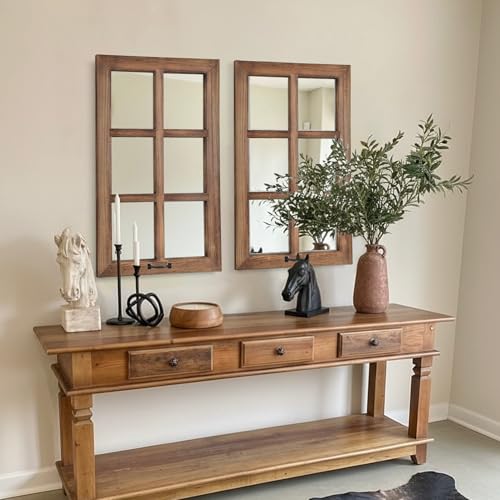 Image of LOSOUR 2 Pack 24x40 Mirrors for Wall Decor, Farmhouse Distressed Wood Windowpane Mirror, Rustic Home Wall Decor Accents for Bedroom Living Room Dining Room, Kitchen, Mantle (2, Brown, 40 inch L x 24 inch W)