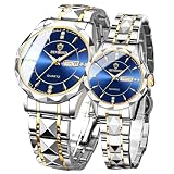 FANMIS Coppia di San Valentino Orologi al Quarzo Calendario Luminoso Impermeabile Business Dress Lusso Lui e Lei Orologio da polso in Acciaio Inox Coppia Matrimonio Orologio, Argento blu