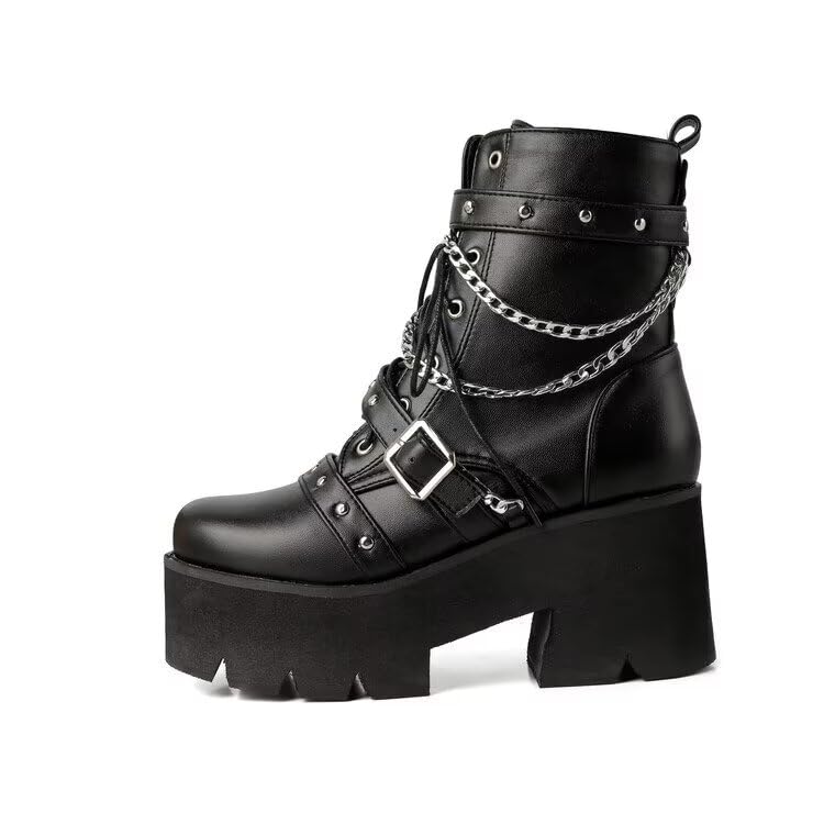 Buckle Chain Punk Boots Goth Lace Up Studded Zipper Chunky Heel Wedge Platform Ankle Short Biker Booties3