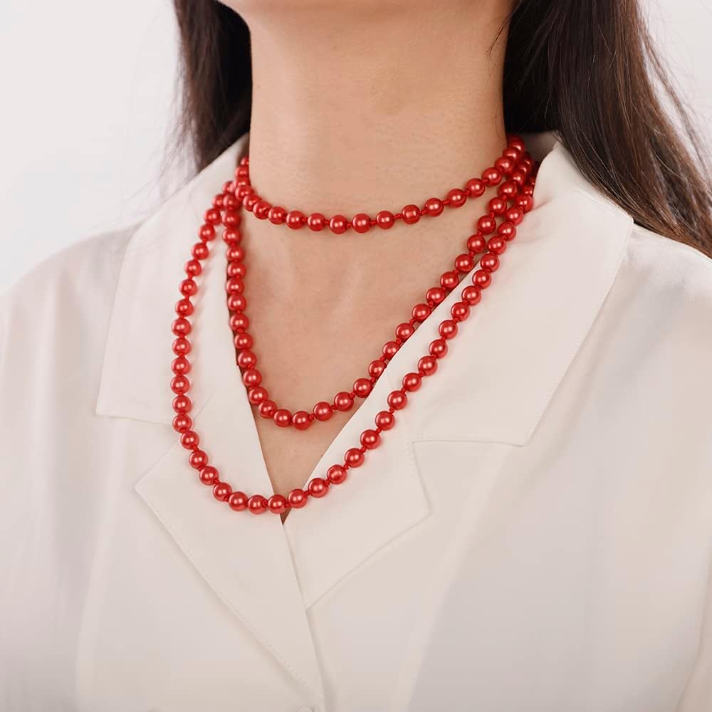 Wiwpar Long Pearl Necklace Faux Pearl Strand Layered Necklace 1920s Costume Jewelry Vintage Multi Strands Pink Pearl Necklace for Party