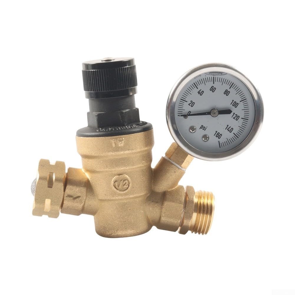 Riduttore di pressione dell'acqua manuale da 3/4" con manometro, regolabile 40-50 PSI, in ottone e acciaio inox, filettatura per tubo da giardino per camper, camper e barca