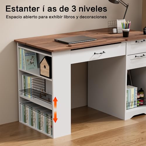 Miniatura 7 de Aeasyg Mesa De Dibujo Ajustable 60x120cm, Con 3 Cajones 3 Estantes, Diseño Antiaplastamiento Para Niños, Multifuncional Para Manualidades Costura Oficina En Casa, Blanco