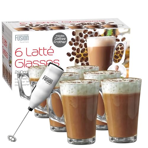 Fusion Food 6X Glass Coffee Mugs 240ml Includes Milk Frother Double Walled Glass Latte Espresso Coffee Cup Condensation Free Heat Resistant Exterior Dishwasher Safe Insulated Coffee Cups