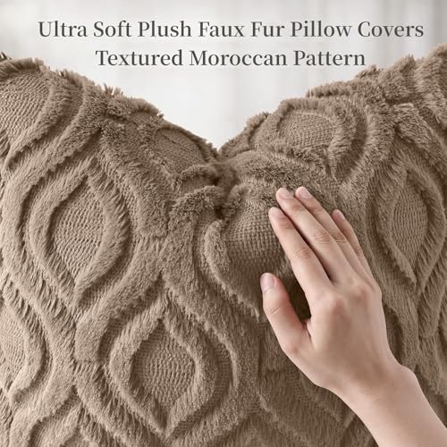 Image of decorUhome Fall Throw Pillow Covers 18x18 Inch Set of 2, Soft Plush Faux Wool Light Brown Solid Couch Pillow Covers, Accent Farmhouse Neutral Square Pillow Cases for Sofa Bed Living Room