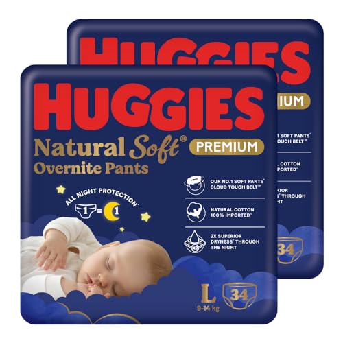 Image of Huggies Natural Soft Overnite Diaper Pants| Premium Pant Style Baby Diapers Medium Size (L Size | 9-14 Kgs), 34 count| Keeps baby dry all night with cloud softness all over (Pack of 2)