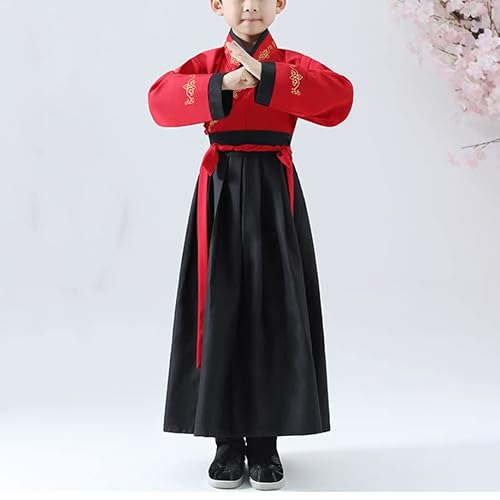 TANZEQI Chinese Traditional Hanfu Dress Suit for Boys and Girls Han Dynasty Ancient Party Dress Traditional Culture Clothing Formal Festival Wear (Red and Black, 160) - Thumbnail 3