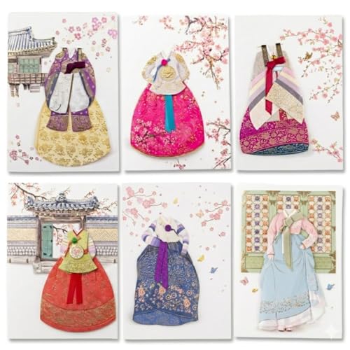 ocrosro Premium Korean Traditional Hanbok Handmade Money Envelopes & Greeting Cards - Art Gift Set, Reusable Home Decor, Made in Korea (Osaek Hanbok Message Card 6 Pack)