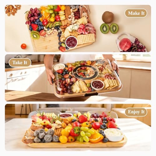 Charcuterie Board with Lid and Handle, Portable Travel Design Bamboo Cheese Board with Knife Set, Meat Fruit Serving Tray Platter, House Warming Gifts New Home, Gifts for Women, 6 Compartments by Maxboro - Image 6
