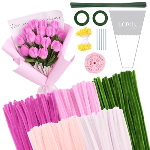 300 Pcs Rose &amp; Vert Fil Chenille Fleur 5 Color, Pipe Cleaner Flower Kit, avec Emballages de Bouquet, Rubans Pour Cadeau Fête des Mères Bouquet Diplôme Décoration Maison fils Chenilles Loisirs Creatifs