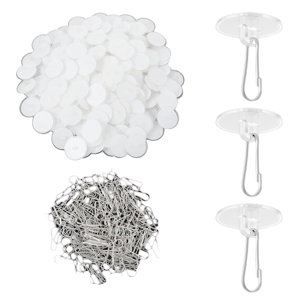 Littimoon 200Pcs Self-Adhesive Ceiling Hooks for Hanging, Round Suction Cup Plate Removable Transparent No-Drill Wall Hangers Disc
