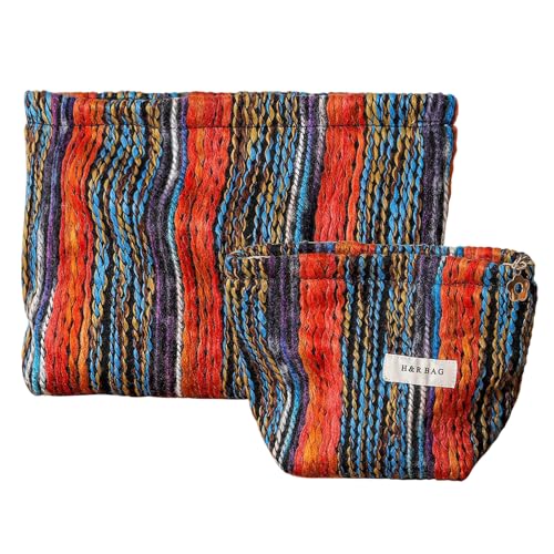 Riceel Reisen Kosmetikbeutel, 2 Pcs Kosmetiktasche Groß und Klein Portable Kulturbeutel Baumwolle und Leinwand Böhmen Make up Tasche für Alltag und Reisen