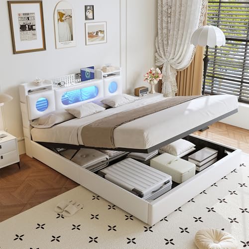 KRYZOR Cama Matrimonio Cama 140x200 cm con USB y Iluminación LED, Camas matrimoniales con Almacenamiento Hidráulico, Cama tapizada con Somier de Láminas, PU, Weiß