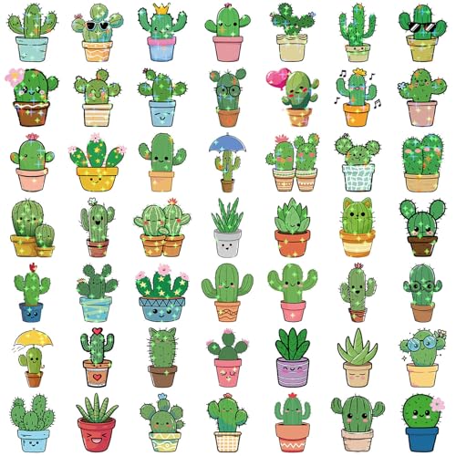 50Pcs Cartoon Holographic Flash Cactus Stickers Vinyl Shining Stars Pereskia Decals Party Decor Water Bottle Laptop Refrigerator Skateboard Car Helmet Sticker (Cactus)