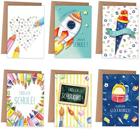 Papierdrachen 6 Grußkarten als Klappkarte inklusive Umschlag zur Einschulung - Grüße für das Schulkind - kindgerechte Glückwunschkarten zum Schulanfang - Set 3