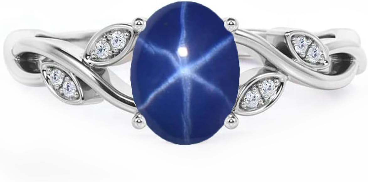 Oval Shaped Blue Star Sapphire Rings for Women 10K 14K 18K Gold 6X8MM Created Star Sapphire Promise Engagement Wedding Anniversary Ring for Her Size 4-15