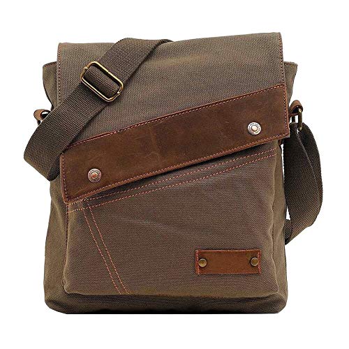 VRIKOO Unisex Small Vintage Canvas Leather Shoulder Bag Messenger Travel Bag Satchel Crossbody Bags (Army Green)