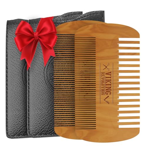 Viking Revolution Wooden Beard Comb & Case, Dual Action Fine