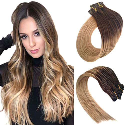 Clip In Real Hair Extensions 20 Inch Color 4/27 Medium Brown Fading To Strawberry Blonde Remy Balayage Clip In Hair Extensioins 7 Pcs 70 Gram Real Hair Remy Clip In Extensions