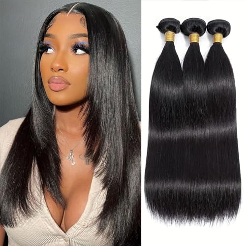 Tissage Naturel Cheveux Humain en lot 3 Bundles Human Hair Mèches Tissage Brésilien Straight Double Weft Naturelle Couleur 14 16 18 Pouces(Total 210g)