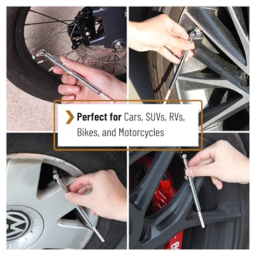 Image of UNCO- Stainless Steel Pencil Tire Pressure Gauge, 3 Pack, 10-50PSI, 10-100PSI, 20-120PSI, Pencil Air Pressure Gauge for Tires with 16 Valve Caps