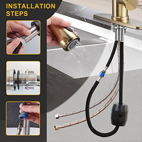 Flotech Commercial Faucets For Kitchen Sinks High Arc Single Handle Gold Pull Down Kitchen Sink Faucet With Pull Out Sprayer,Fit For 1 Or 3 Hole With Deck Plate, Rv Stainless Steel Sink Faucet #TOP4