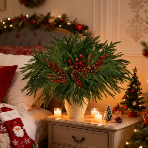 12 Pcs Norfolk Pine Branches, Artificial Pine Branches, 17" Norfolk Pine Branches, Long Christmas Greenery Stems with Red Berries and Pine Cores for Christmas Vases DIY Crafts Home Decor - Image 4