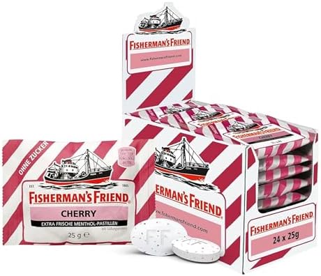 Fisherman's Friend Cherry, 24er Vorratsbox, Kirsche und Menthol Geschmack, zuckerfrei & vegan, Bonbons für frischen Atem, 24 x 25g
