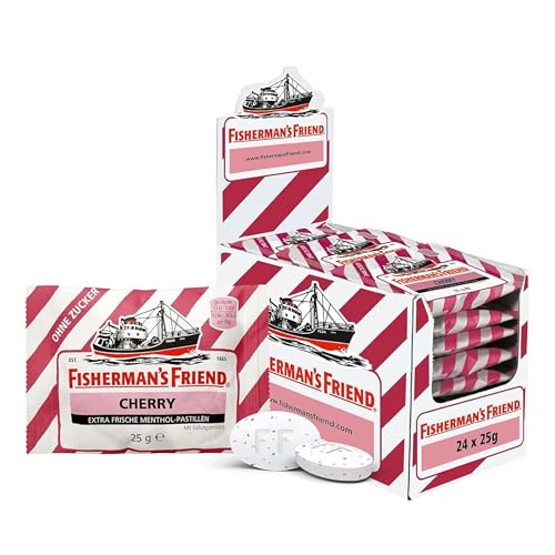 Fisherman's Friend Cherry, 24er Vorratsbox, Kirsche und Menthol Geschmack, zuckerfrei & vegan, Bonbons für frischen Atem, 24 x 25g