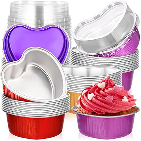 FFNIU Heart Shaped Aluminum Pans, 40 Packs Aluminum Heart Cake Pans with Lids for Baking, 3.4 Ounces/ 100 ml Cupcake Cup Pan Baking Pans for Valentine's Day Wedding Parties Cover