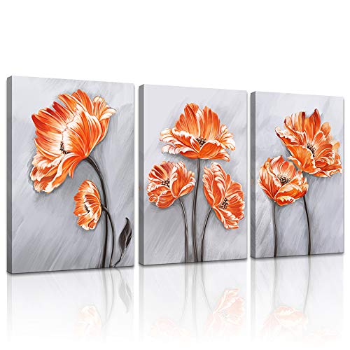 Derkymo 3 Pieces Orange Poppies Picture Elegant Flower Canvas Painting Beautiful Floral In Grey Artwork For Living Room Bedroom Framed Ready To Hang 16"X24"X3Pcs #TOP10