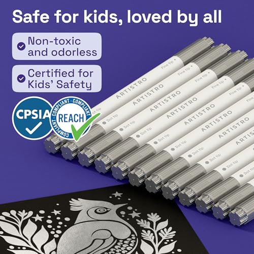 Image of ARTISTRO 12 Silver Dual-Tip Acrylic Paint Markers - Paint Pens Set with Dot & Fine Tips for Fabric, Rock, Glass, Wood, Coloring Books - Arts & Crafts Gift - Classroom Must Haves & School Supplies