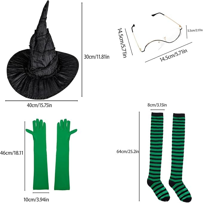 FVCENT Witch Hat Set Glasses Green Gloves Striped Knee High Socks Costume Accessories Movie Halloween Carnival Cosplay Party Props (4 Set Black++Green) - Image 3