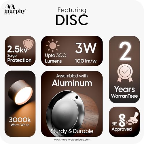 Image of Murphy 3W LED Disc Surface Light Wood Finish | Warm White 3000K | Up to 300 Lumens | Aluminium Body | BIS Approved | 2 Year Warranty | Pack of 6