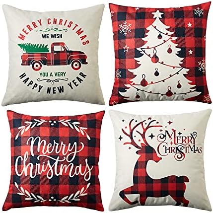 CAROMIO Christmas Decorations Cushion Covers Set of 4, Red and Black Buffalo Plaid Christmas Pillow Covers 45 x 45 Christmas Pillow Cases for Sofa Home Decor 18 x 18 Inch