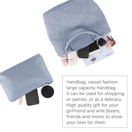 Image of Women's Vegan Leather Tote Bag - Handmade Woven Beach Bag, Travel Handbag with Purse & Top Handle Hobo Tote(Light Blue)