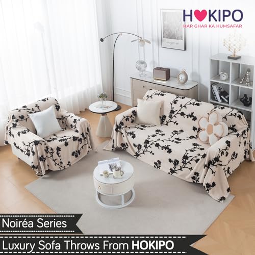 Image of HOKIPO Luxury Plush Sofa Cover Throw for 1 Seater Sofa | Soft Sofa Throw for Complete Sofa Protection, 'Noirea Series' Botanical Vine (180x180 cm) (AR-6651-D5)