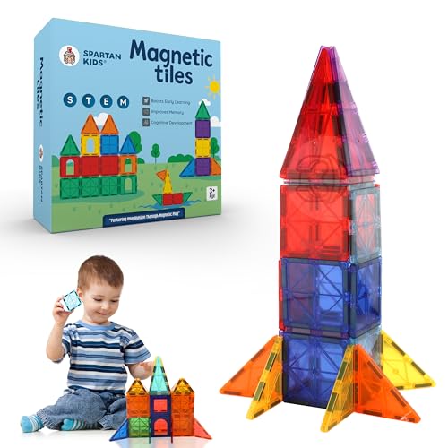 Image of SPARTAN KIDS Premium Magnetic Tiles for Kids (16 Pcs) Magnetic Building Blocks for Kids 3 4 5 6 7 8 Years, Constructing & Learning Builder Educational Kids Magnetic Blocks Game