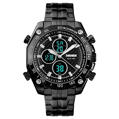 Montre numérique dual-time hommes LULI 1302 sports avec bracelet acier inoxydable noir