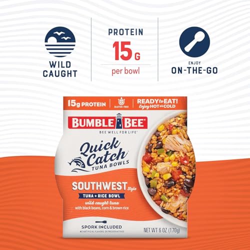 Bumble Bee Quick Catch Southwest Rice, Wild Caught Tuna and Rice Bowl, 6 oz - Ready to Enjoy, Spork Included - 15g Protein per Serving - No Artificial Flavors - Good Source of Fiber