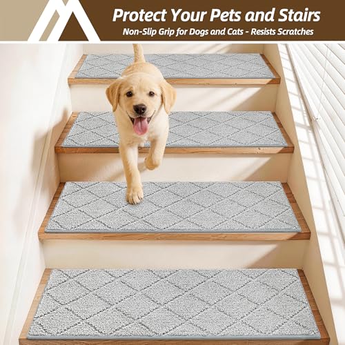 Image of COSY HOMEER Stair Treads for Wooden Steps 11 inchx30 inch Washable Indoor Carpet Stair Treads Non Slip Soft Polyester Stair Carpet Tread Reusable Stair Runner Rugs for Kids, Elders,Pets,Grey,15pcs