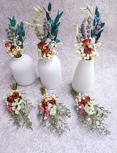 Mini Dried Flower Bouquet Set Of 6, Boho Wedding Decor, Boutonniere For Men, Table Centerpieces, Dry Rose,Birthday Cake Flowers,Personalized Bridesmaid Gift Box, Small Bottles Decoration. (Rose) #TOP2
