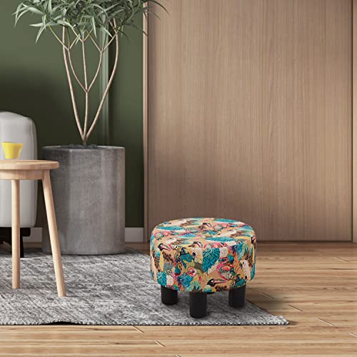 Cpintltr Linen Ottoman Round Footrest Stool Upholstered Step Stool Ottomans Sofa Stool 4 Wood Legs with Anti-Slip Pads Modern Accent Home Decor Suitable for Living Room Bedroom Entryway Peacock