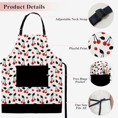 HUQIL Cherry Cooking Aprons for Women with Pockets Vintage Cute Apron with Adjustable Neck Strap for Baking Grilling BBQ Gift to Mom Wife Sister Grandma Mother's Day Birthday Anniversary - FS822 by HUQIL - Used condition - Image 3