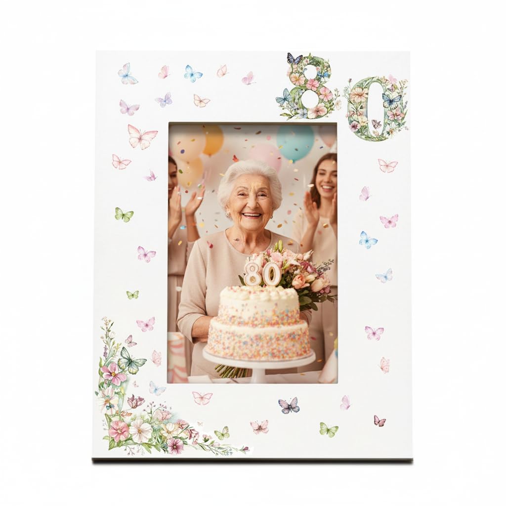 80th Birthday Photo Frame for Her, White with Butterflies and Flowers, 6x4 Inch, Wall Hanging or Desktop Display (Portrait)